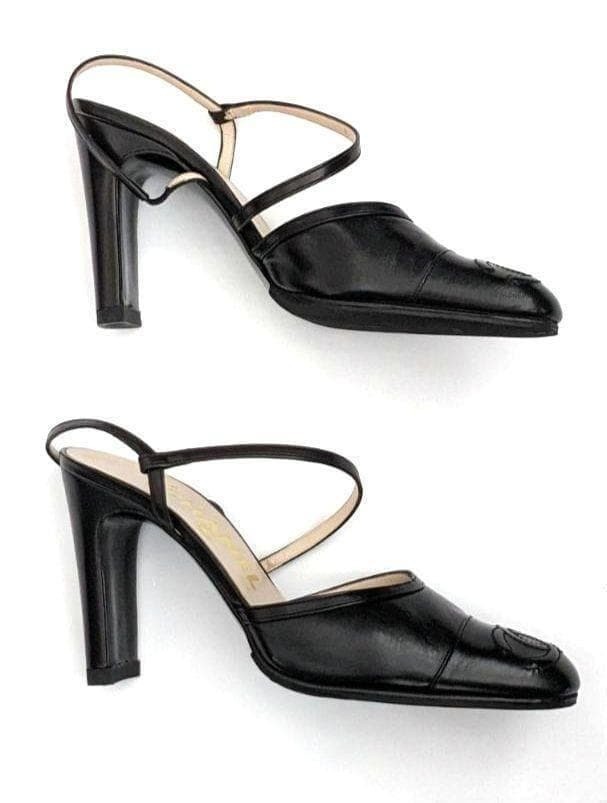 CHANEL Leather Ankle Strap Pumps Heels Black Size 35 (22.5cm) 9cm Heel 062260d