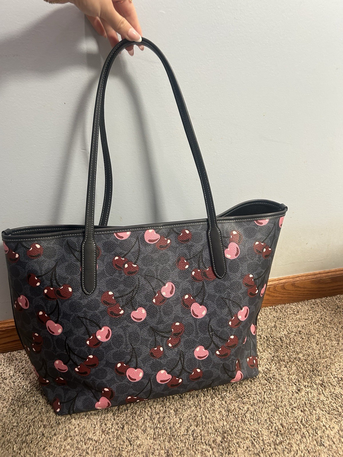 Coach Signature Cherry Print Large Tote Bag, Black, Zip/Magnetic, Charm