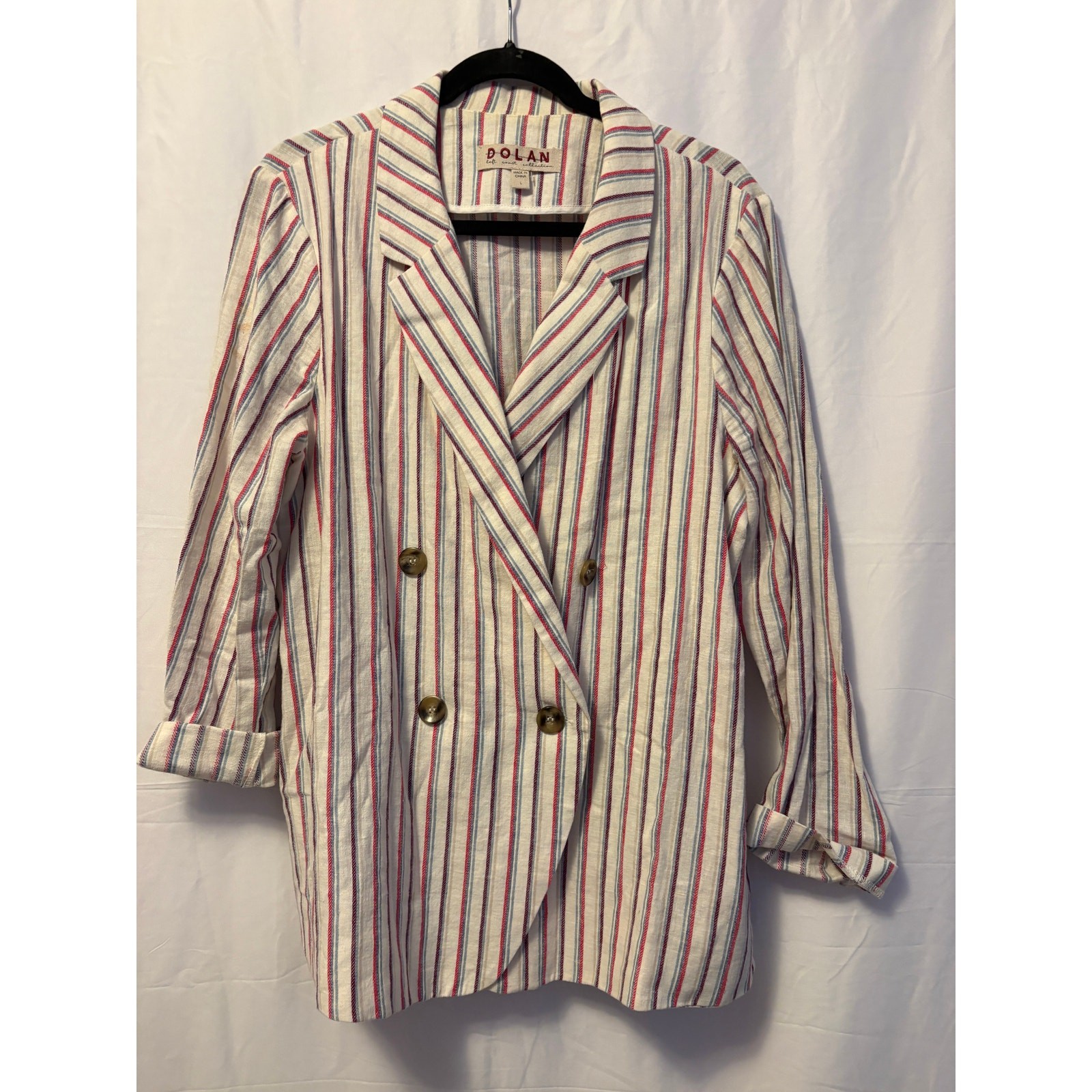Dolan Double Breasted Blazer White Red Blue Purple Linen Cotton Striped Sz L