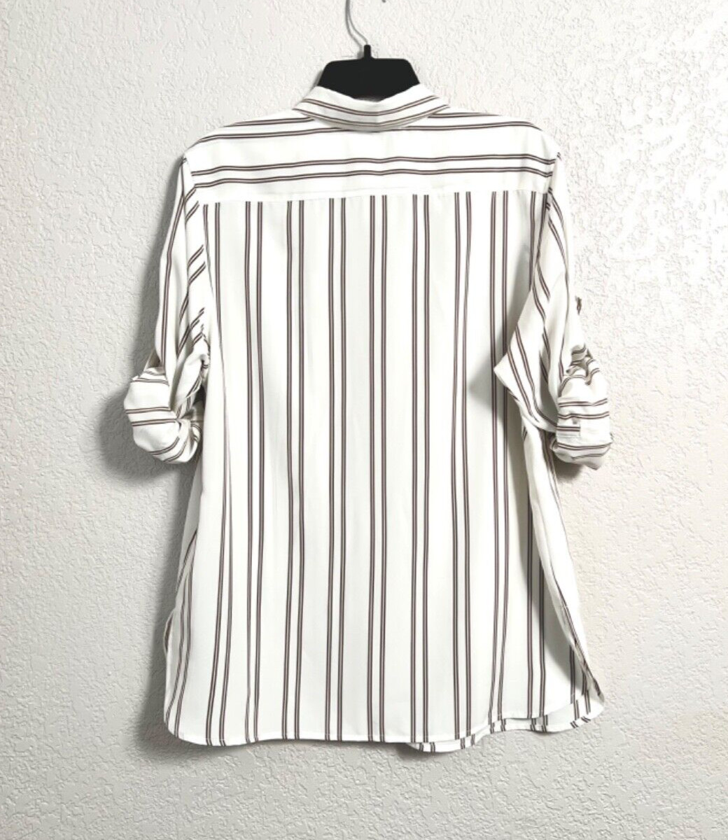 Ellen Tracy White Moss Brown Stripe Long sleeves Casual Blouse Classic Tops sz M
