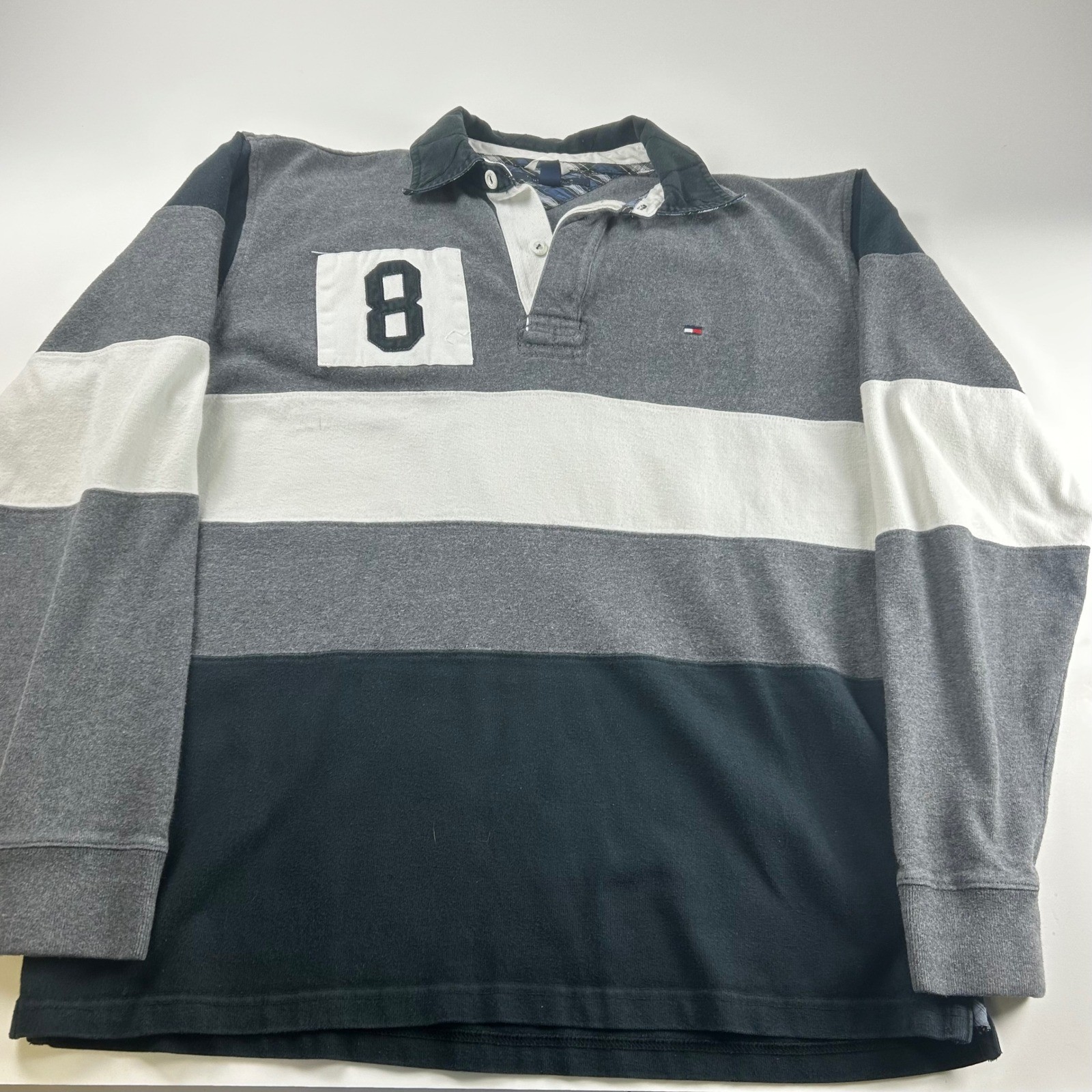 Tommy Hilfiger Mens L Long Sleeve Rugby Shirt Grey Black Colorblock 8 Patch