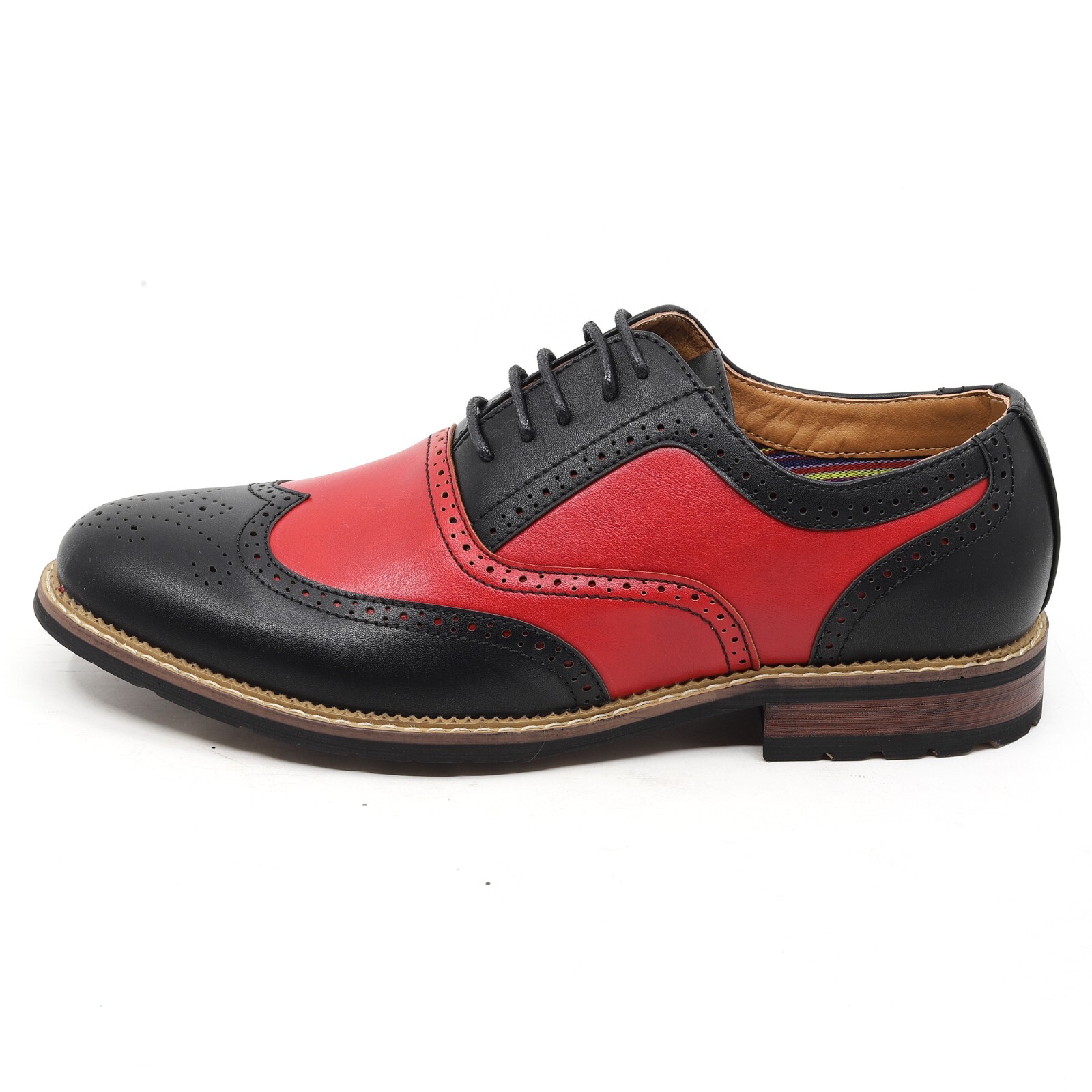 Black Red Men’s Two Tone Perforated Wing Tip Lace Up Oxford Dress Shoes