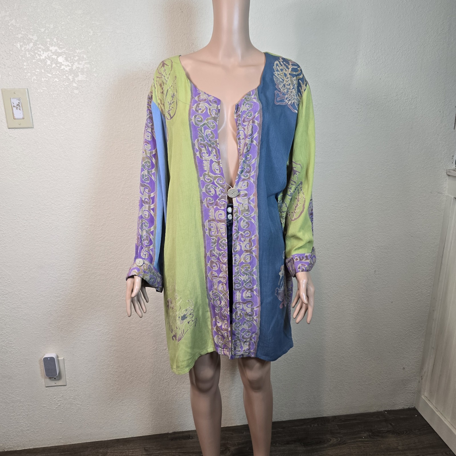 Soft Surroundings 100% Rayon Teal Green Purple Button Blouse Overlay Tunic 2x