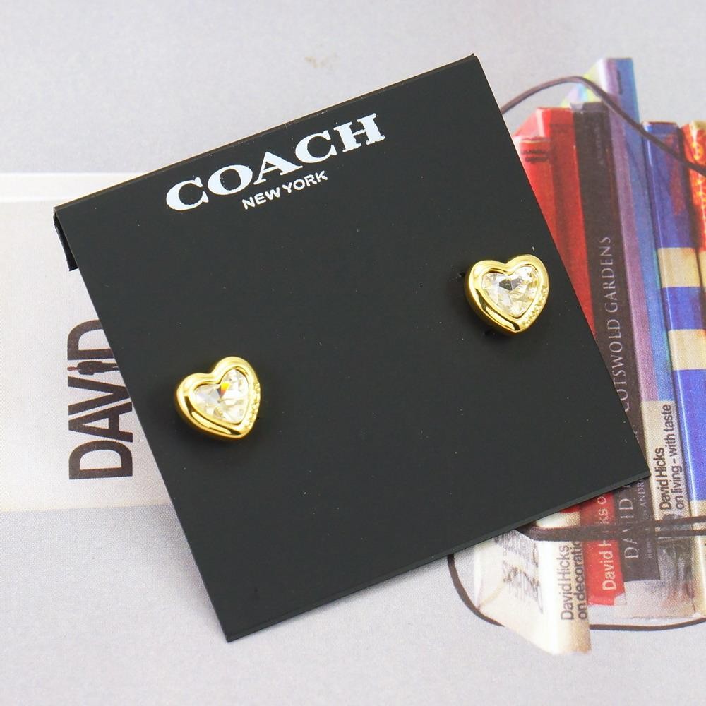 NWT Coach Stone Heart Stud Earrings Clear Gold Tone