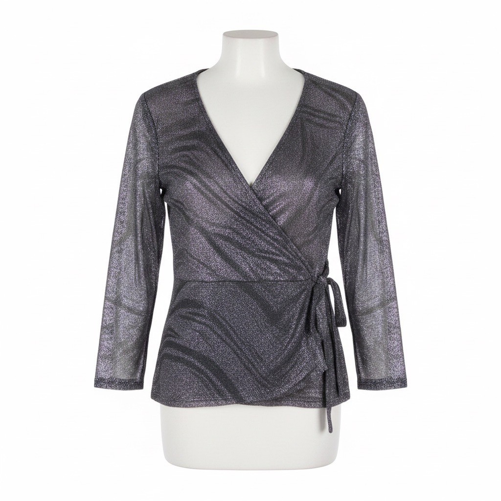 Zero 2 Eight Women’s Black Metallic Sheer Wrap Shirt With V-Neck Size L
