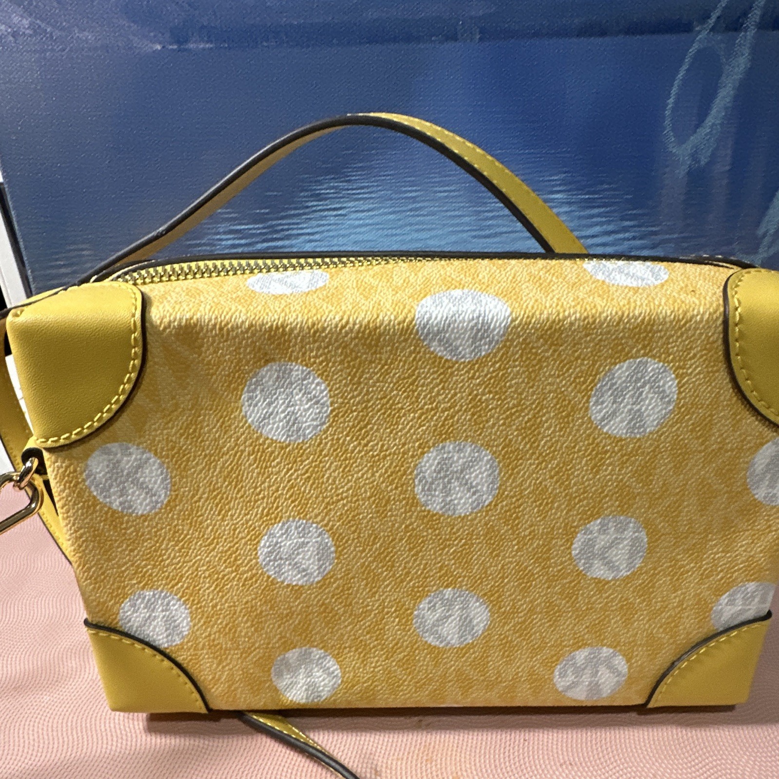 Michael Kors Yellow/White Polka Dot Zip Trunk Crossbody Purse and Wallet