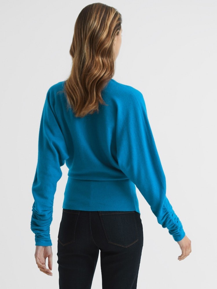 $146 Reiss Jolie Top M Deep V-Neck Jumper Cashmere Wool Ruched Sleeve U74-829