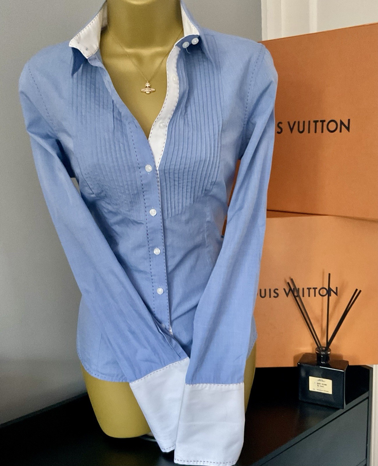 Pristine Thomas Pink Blue Fitted Pleated Tuxedo double Cuff Shirt Stunning UK 10