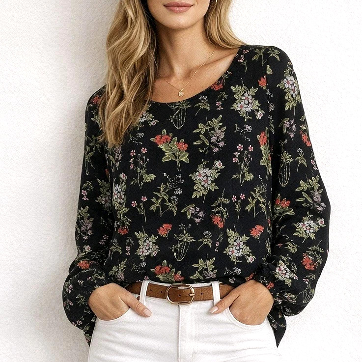 Nordstrom Leith Womens Size Medium Black Floral Blouse Top Long Sleeve Red Green