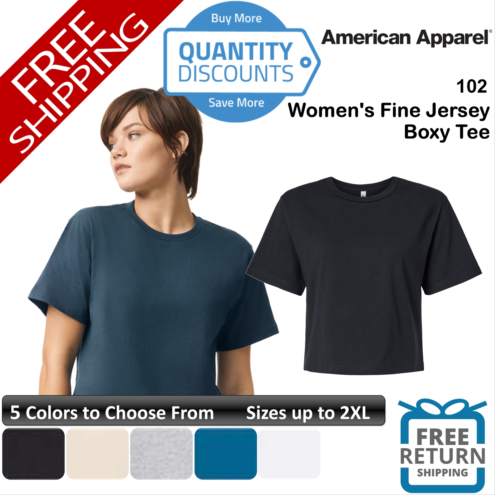 🔥 American Apparel Womens Fine Jersey Boxy Tee Top Shirt Ring-spun Upto 2XL 102