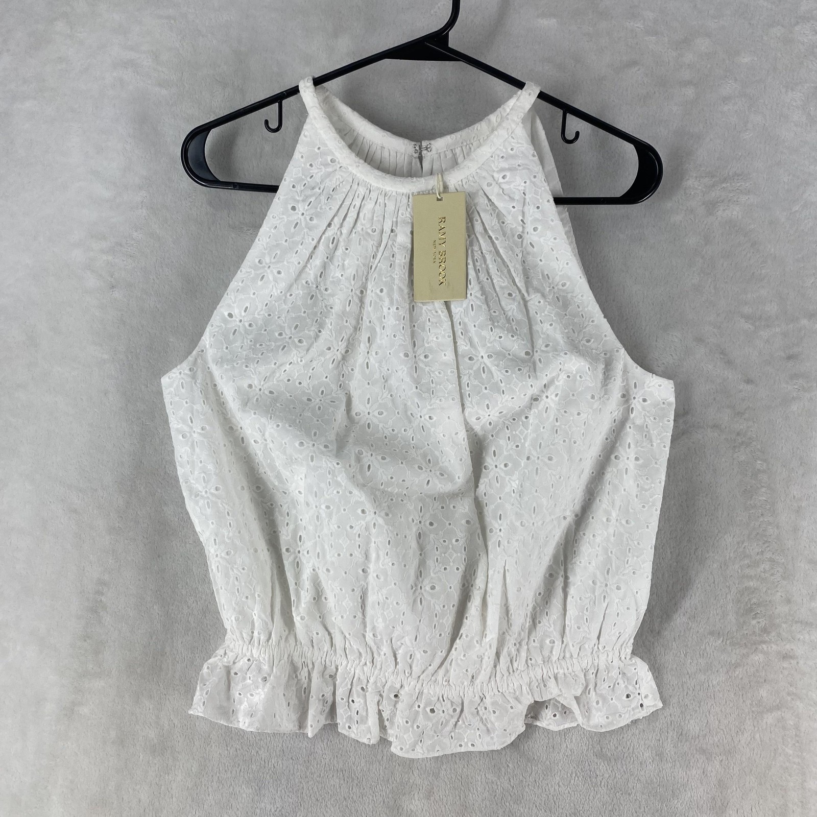 Ramy Brook Blouse Womens Large White Sidnee Eyelet Halter Ruffle Hem NEW $275