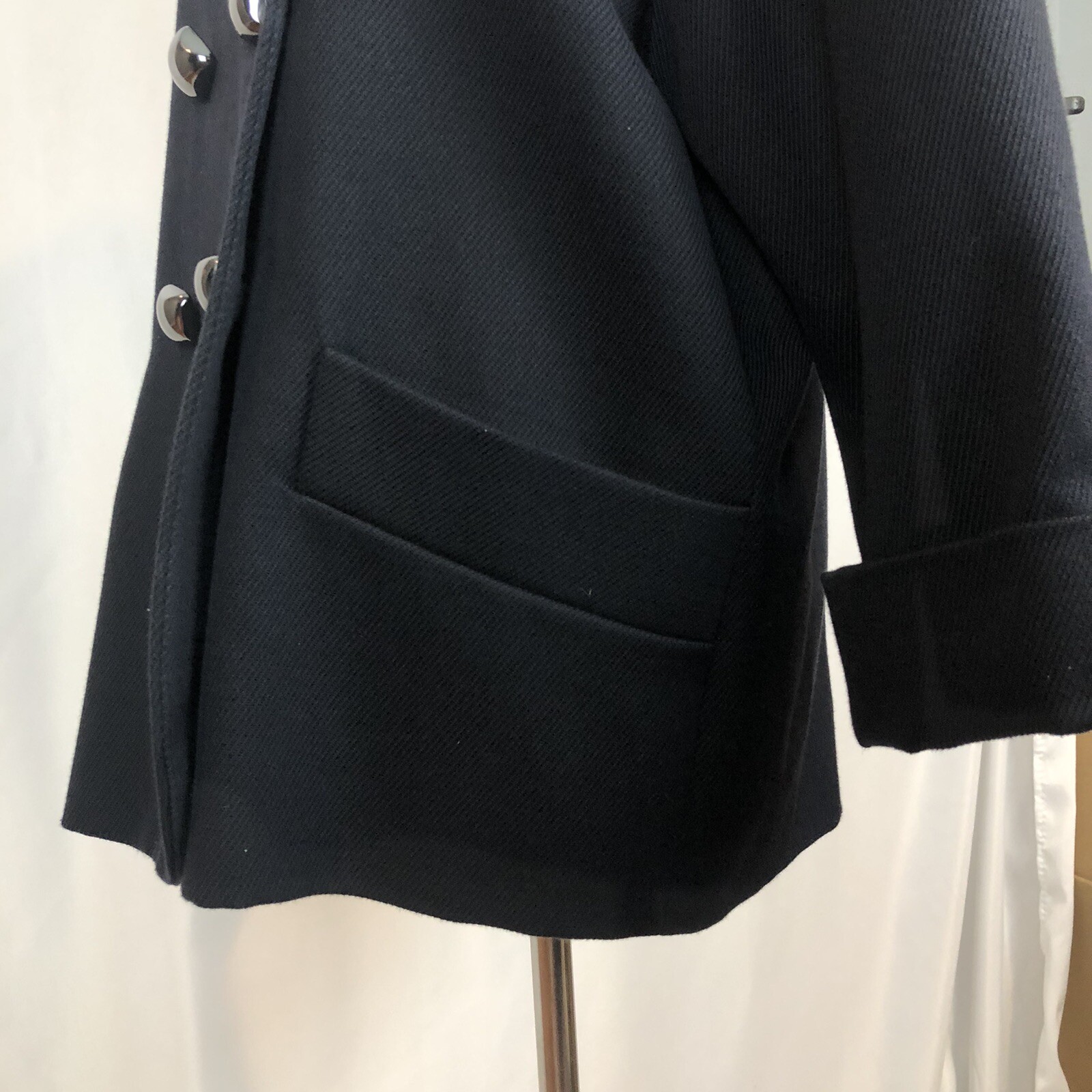 French Connection Navy Pea Coat Size 10 Wool Blend Square Buttons 3 Qtr Sleeves
