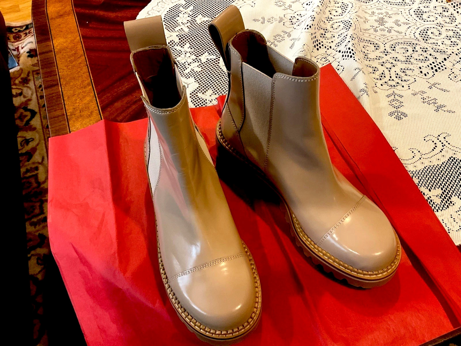 See by Chloe women beige leather ankle boot (38) lug sole round toe 2.25 in heel