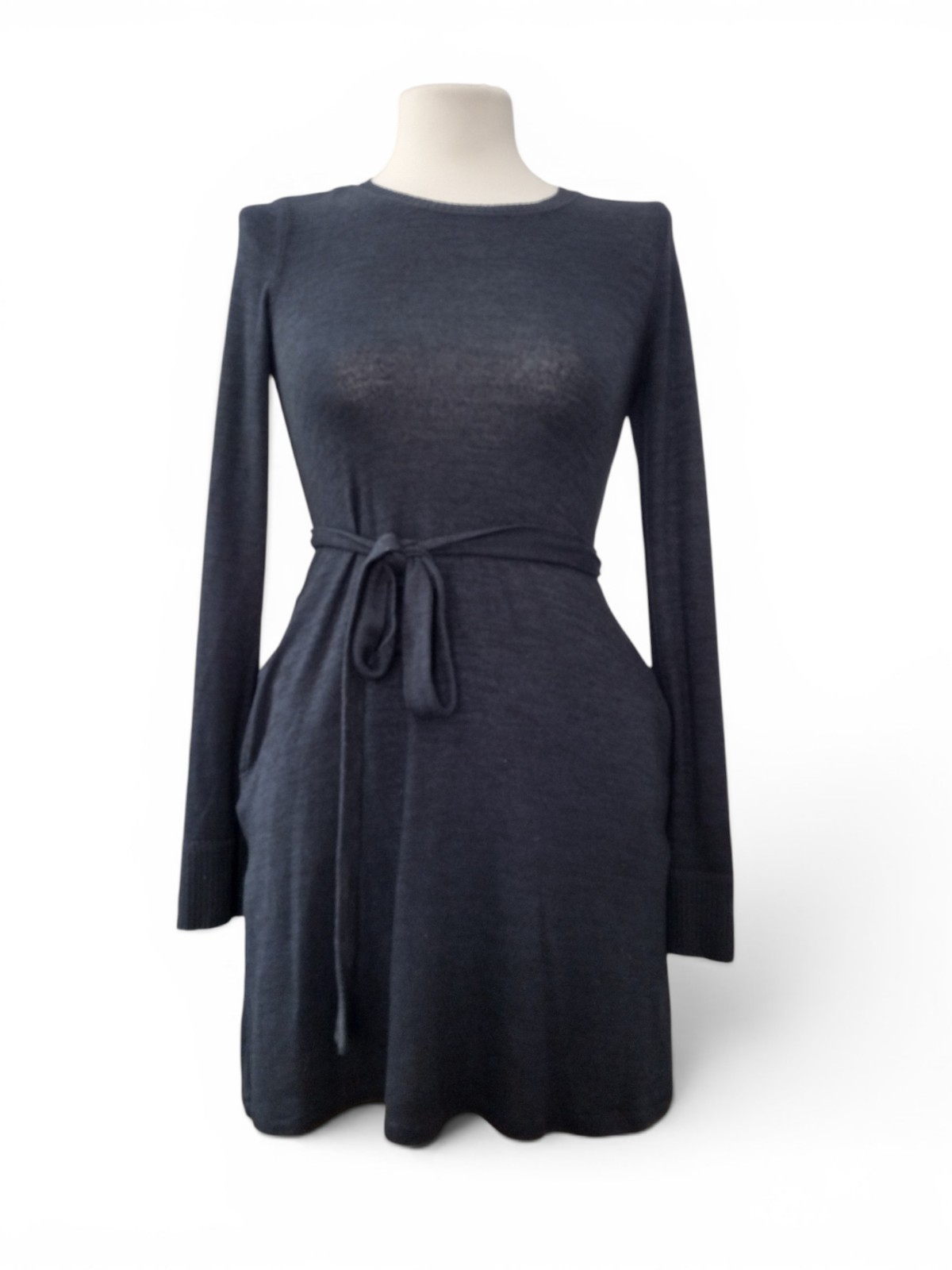Abercrombie & Fitch Navy Blue Knit Tie-Waist Dress Long Sleeve Pockets…