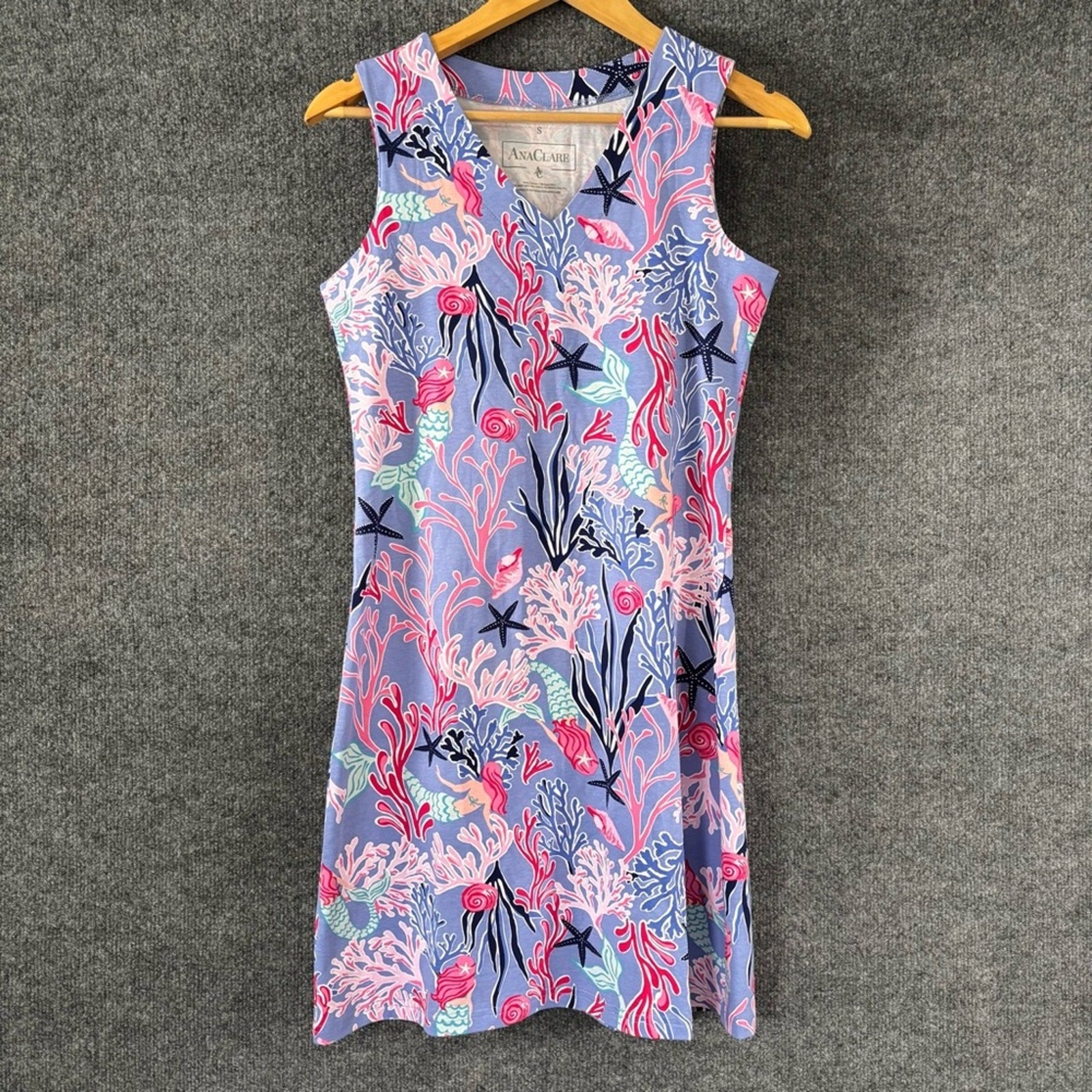 Ana Clare Dress Womens Small Purple Sleeveless Mermaid Coral Print V Neck Beach