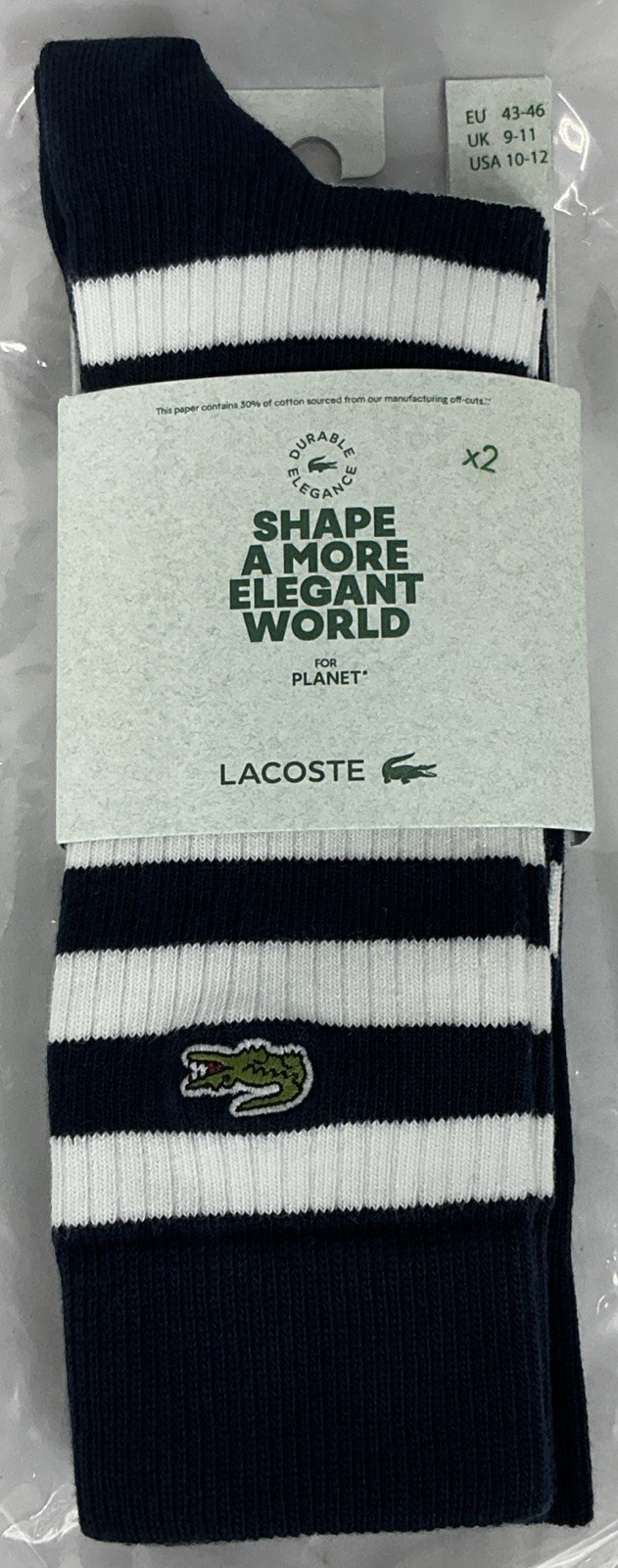 Lacoste NWT 2 Pack Size 10-12 Navy & White Striped Logo Ribbed Cuff Crew Socks