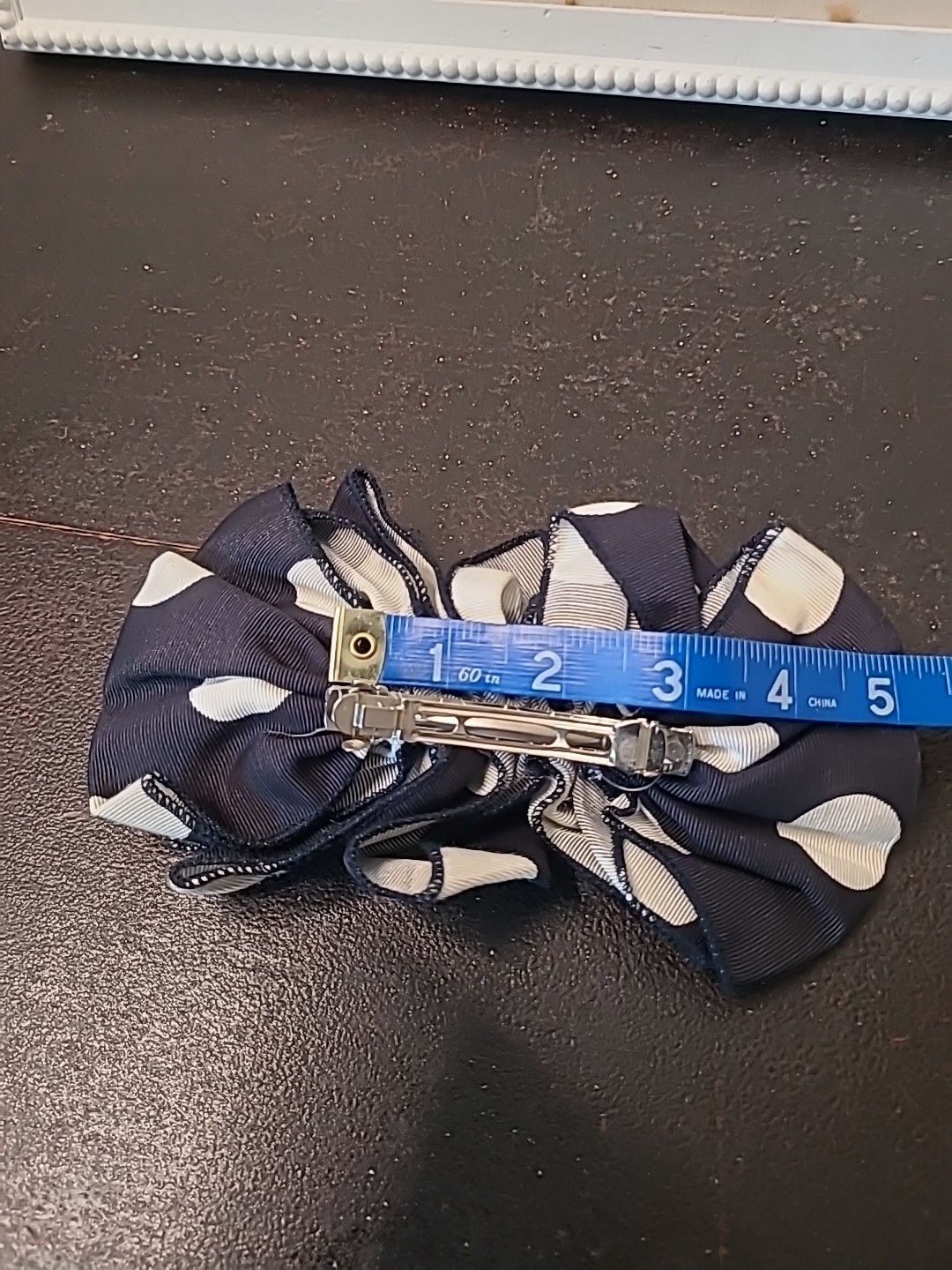 Vintage 80s 90s Big Hair Bow Barrette Clip Ribbon Ruffle Oversize Polka Dot Navy