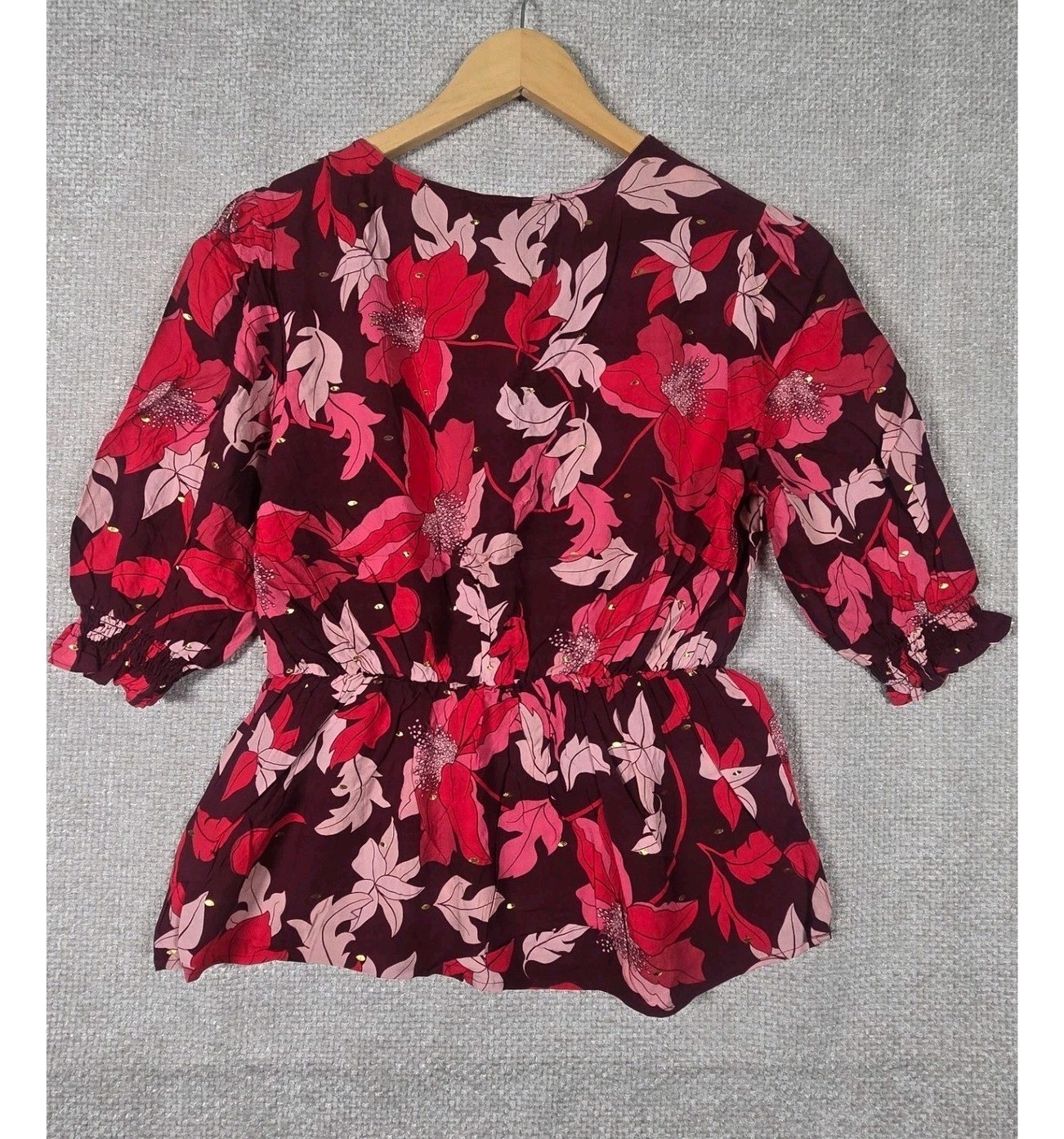 Herve Benard Womens Floral Peplum Top Burgundy Pink V-Neck Blouse M New