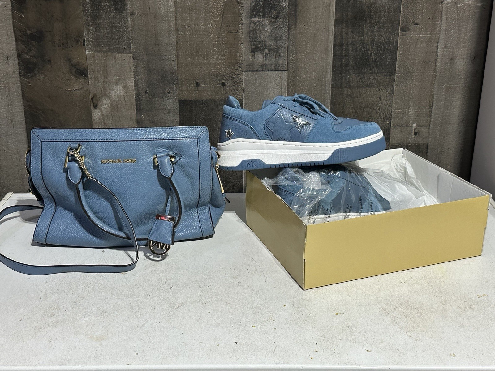Michael Kors Blue Leather Tote Bag Purse & Lexi Sneaker Shoe Cornflower Blue