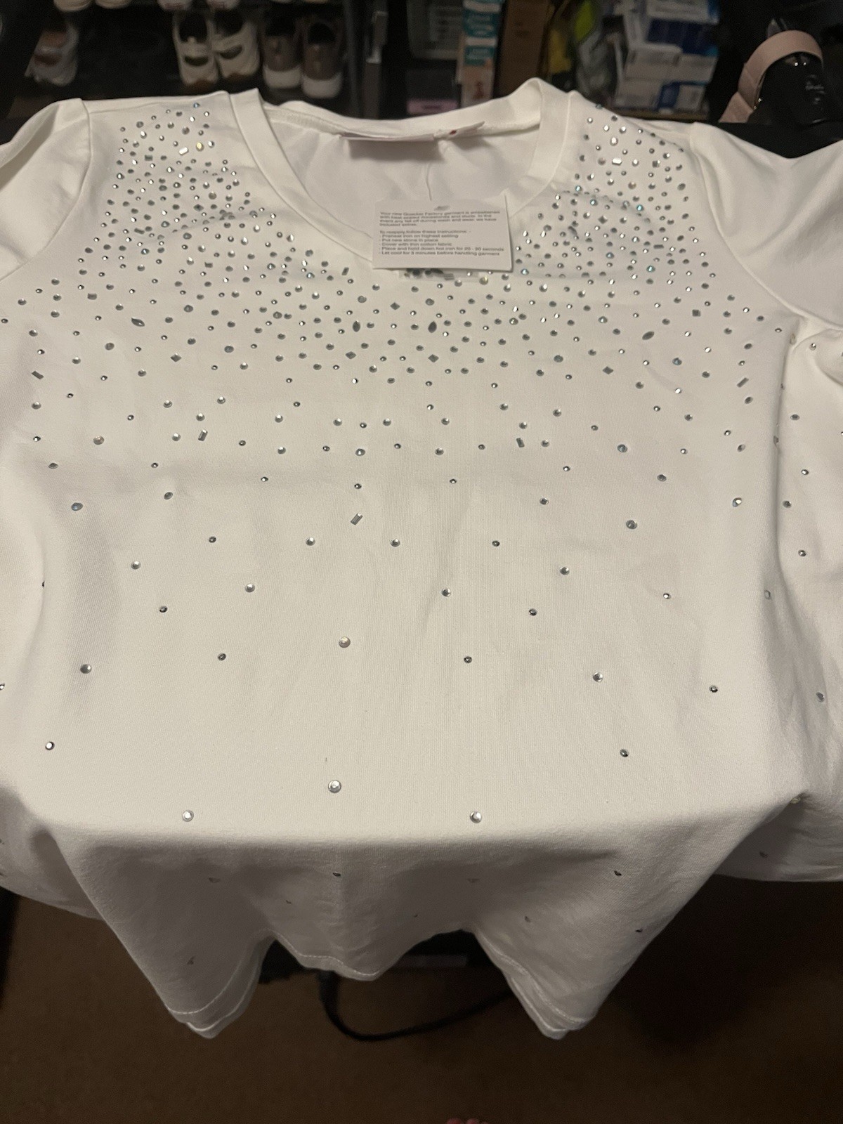 Quacker Factory Women’s White Crew Neck Knit Cotton Tee Rhinestone Studded