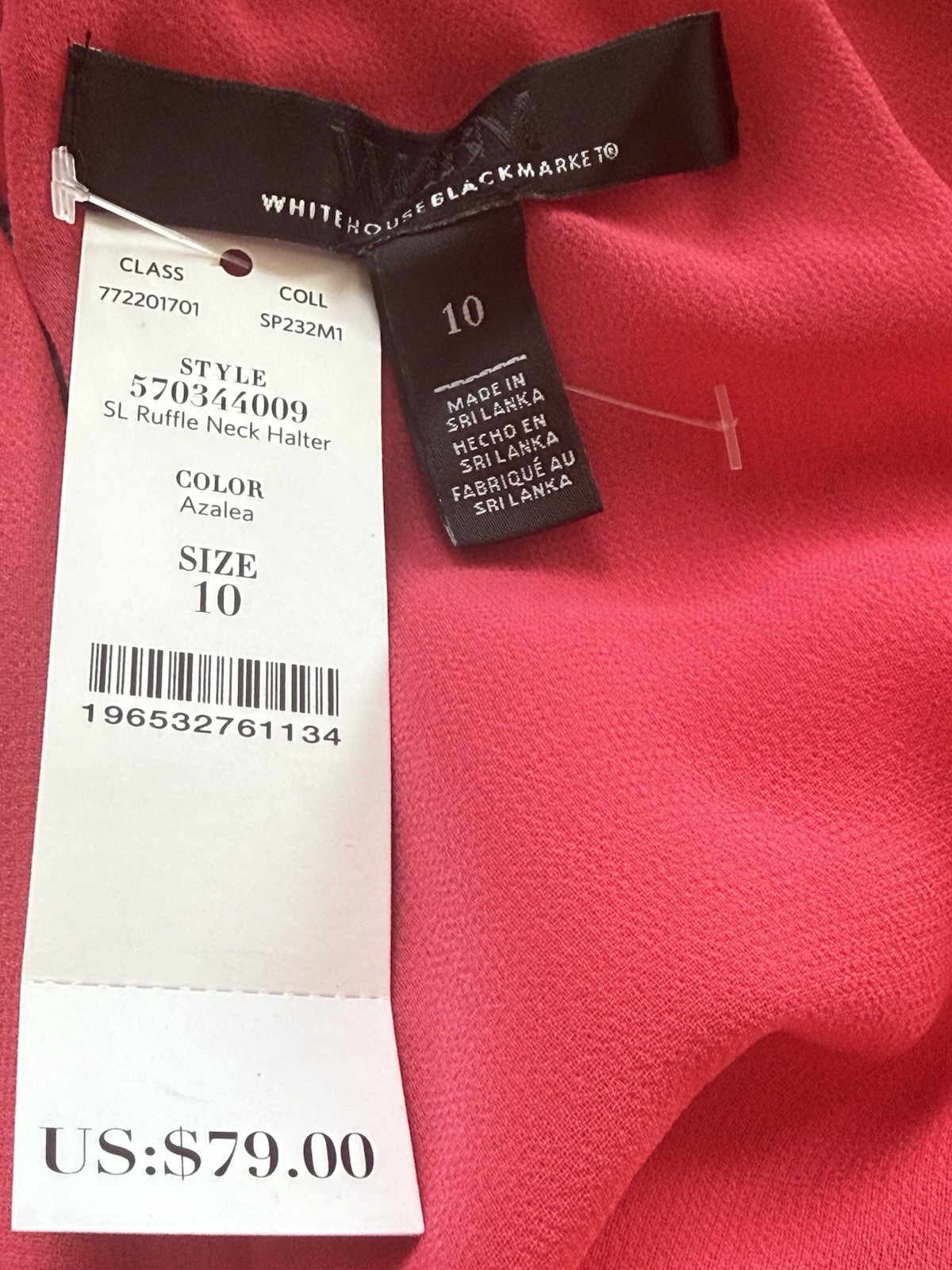 NWT WHBM Ruffle Neck Halter Top, Poly/Spandex Blend, Hot Pink, Size 10