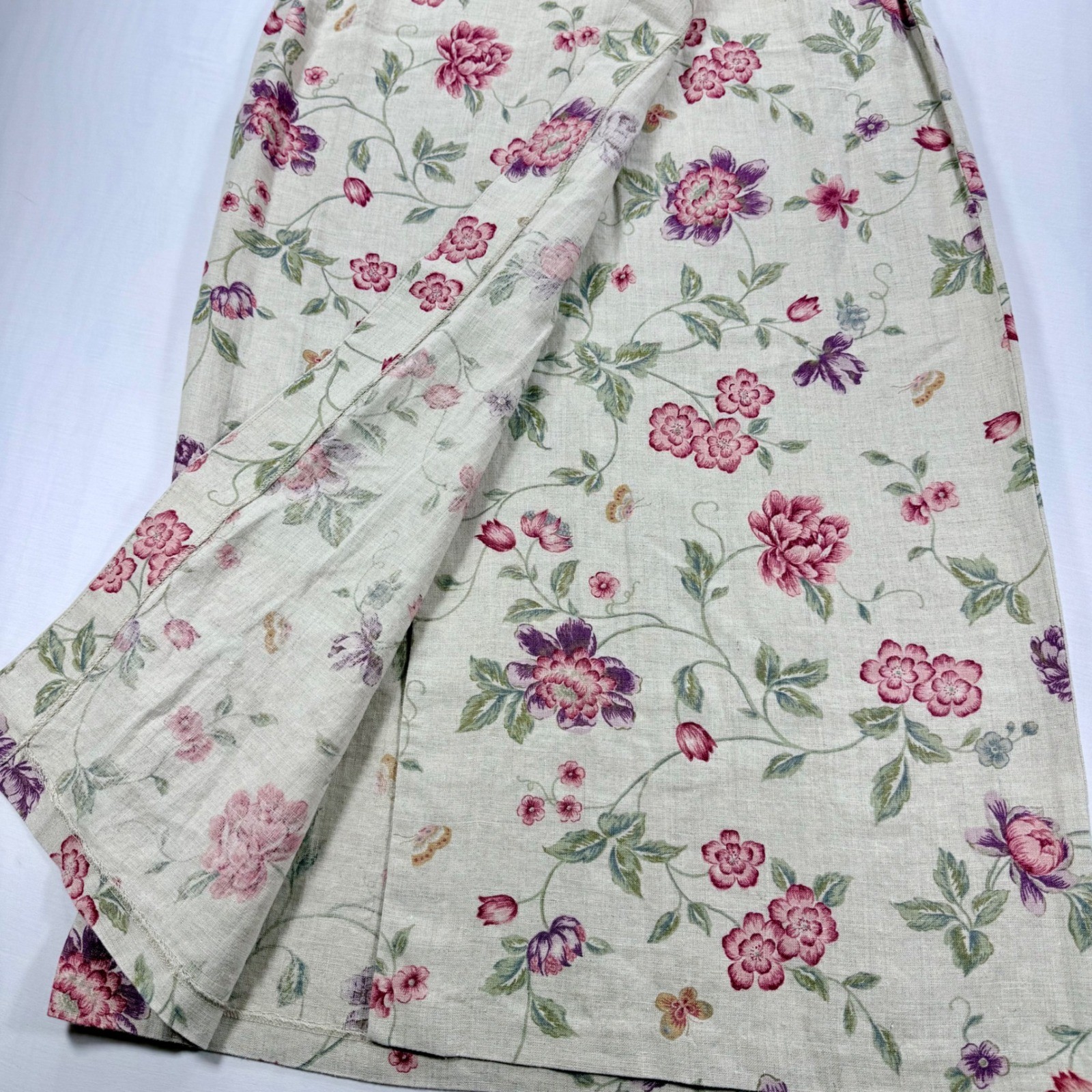 VTG 90s Eddie Bauer Womens Floral 100%Linen Wrap Skirt Beige Pink Purple Maxi 10
