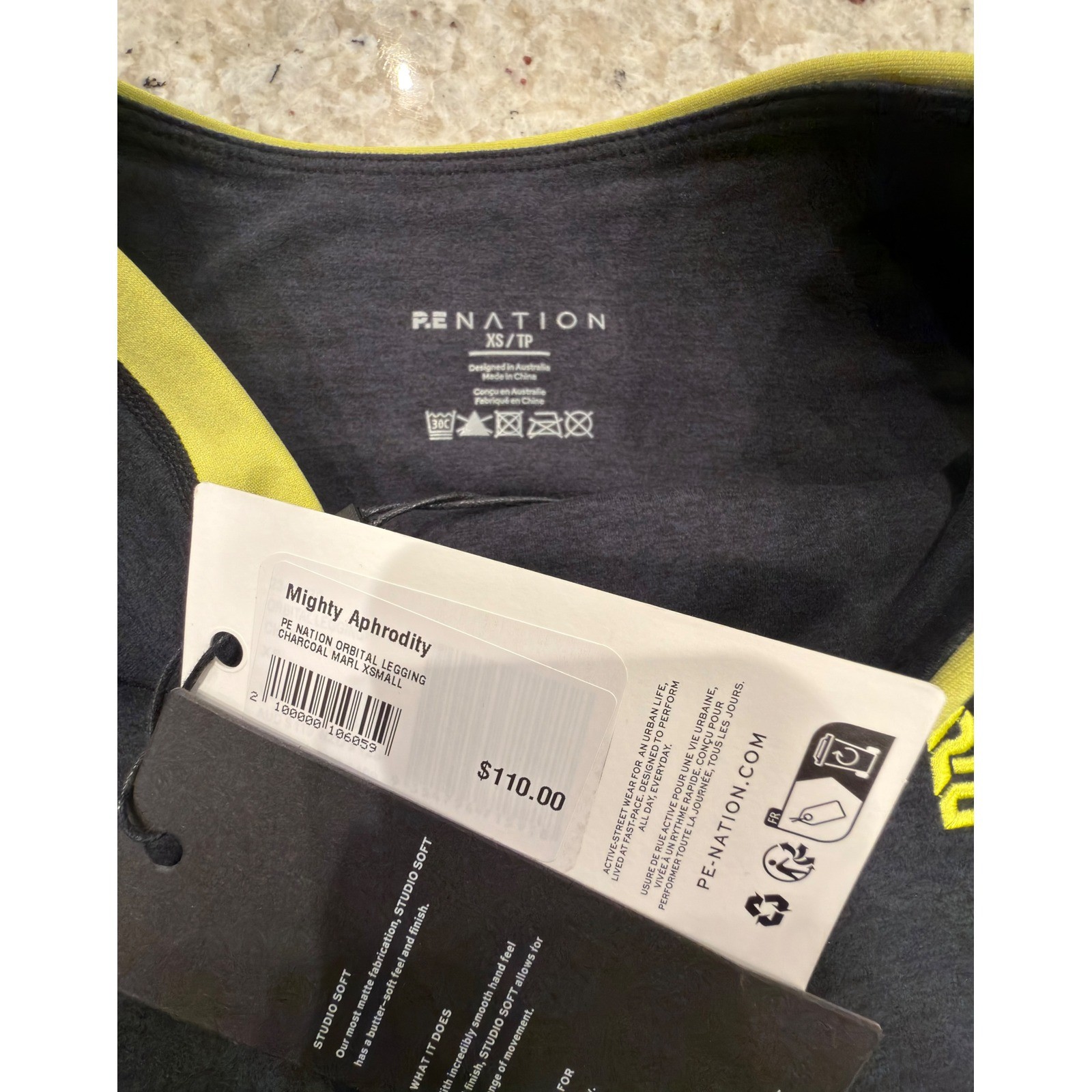 P.E Nation Leggings XS Orbital Charcoal Marl Yellow Logo NWT