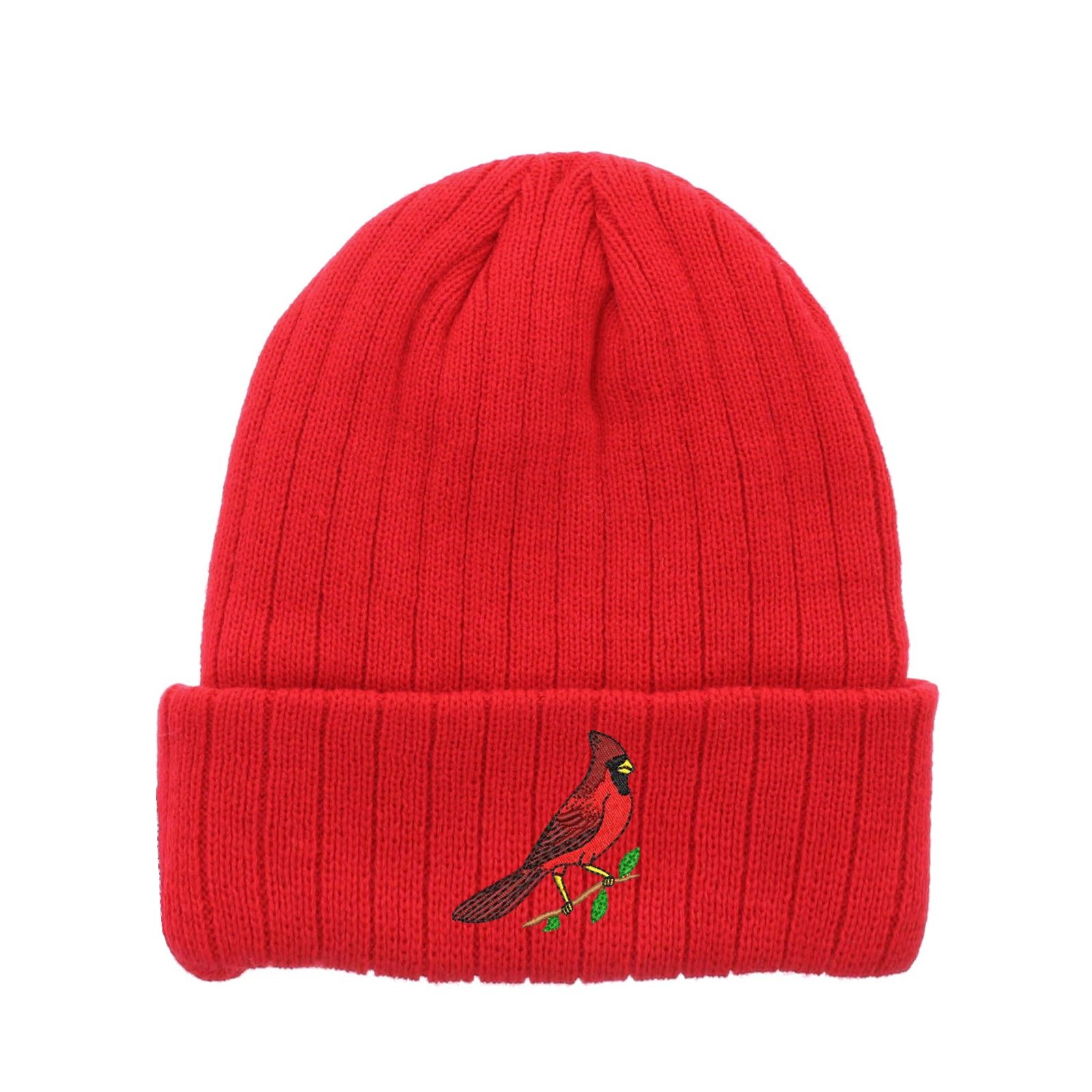 Red Cardinal bird embroidered fleece beanie hat, insulated winter beanie hat