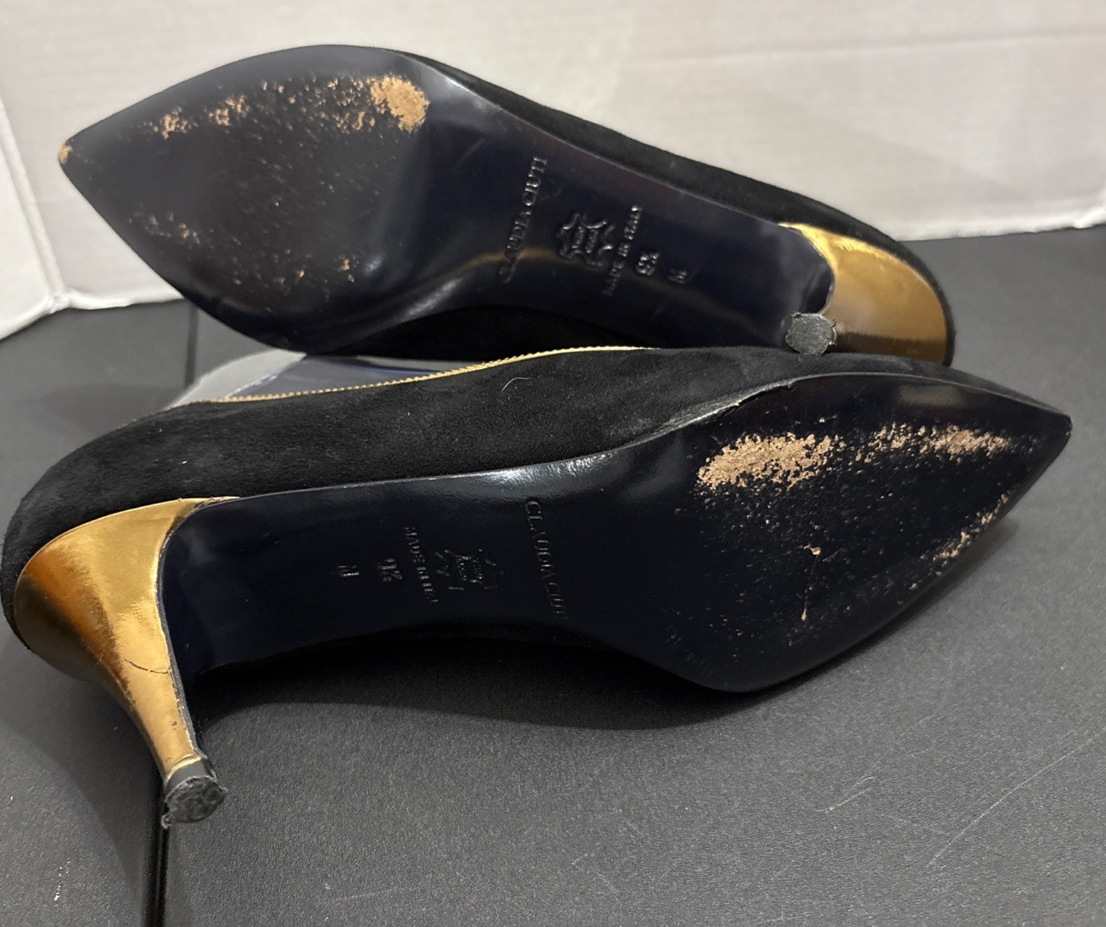 CLAUDIA CIUTI Black Suede & Gold Pointed Toe Heels Pumps Size 9.5 M