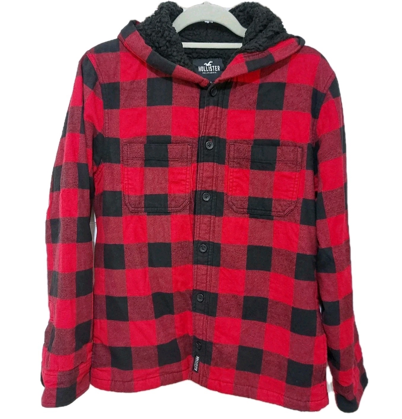 Hollister Shacket Mens S Red Black Check Sherpa Lined Hooded Jacket