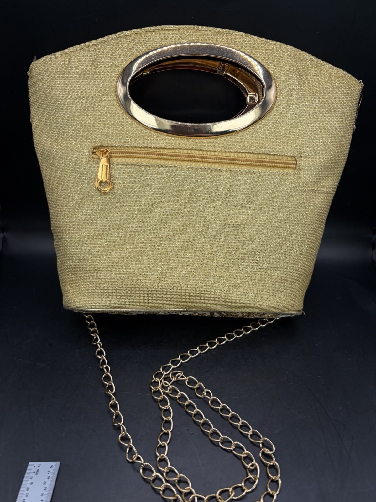 Gold Floral Embroidered Purse W/ Detachable Gold Chain Strap 2 Zipper Pockets
