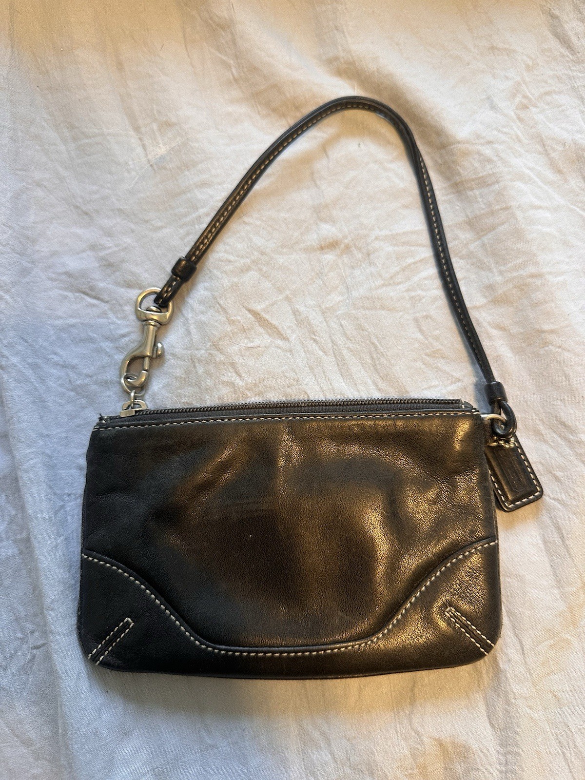 Coach Black Zip Wristlet Pouch w/ Wrist Strap, Silver Hardware, Lined