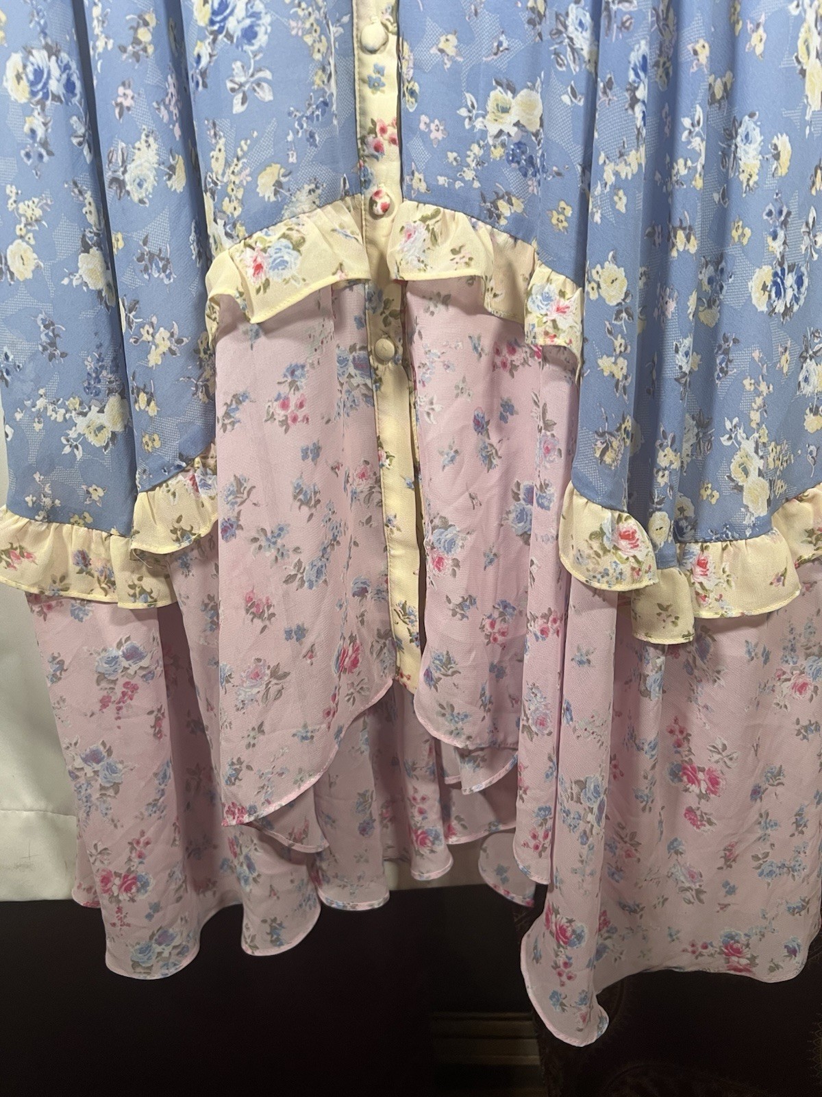 Evie Blue Pink Floral Patchwork Print Midi Dress Button CottageCore Feminine NWT