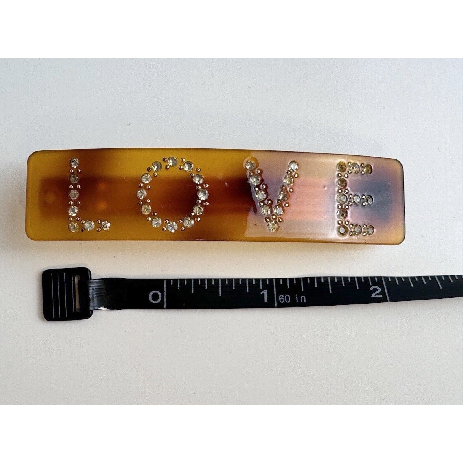 Vintage Amber Tortoiseshell LOVE Rhinestone Hair Barrette French Clip J-01