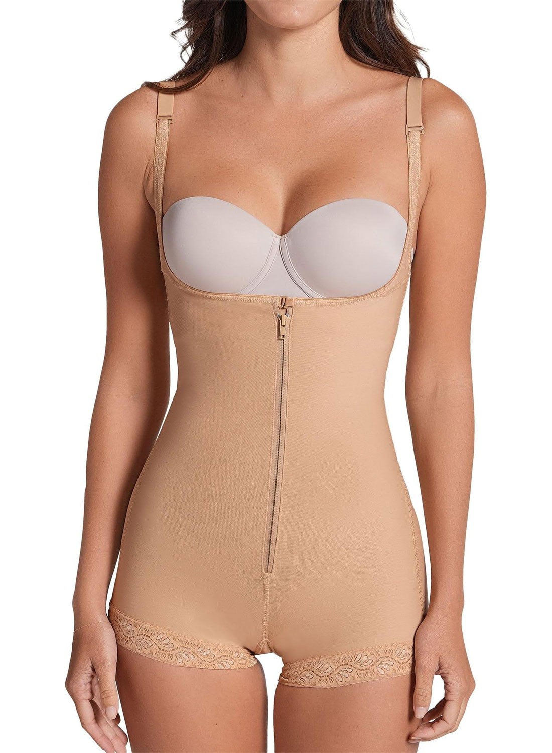 Leonisa Womens Firm Compression Open Bust Body Shaper Boyshorts 3XL Beige