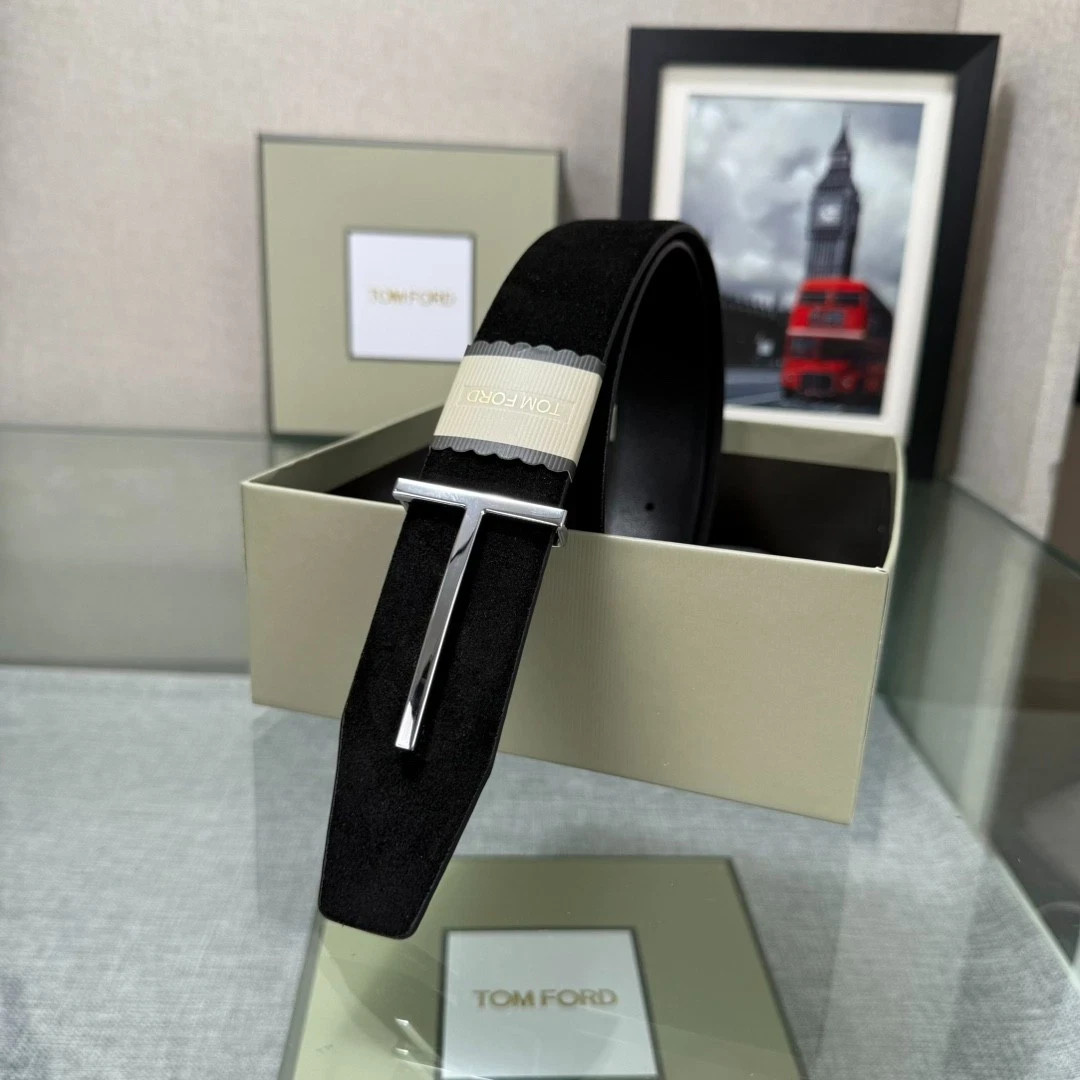 Tom Ford Men’s Black Suede Leather Belt 38mm Silver T Buckle New