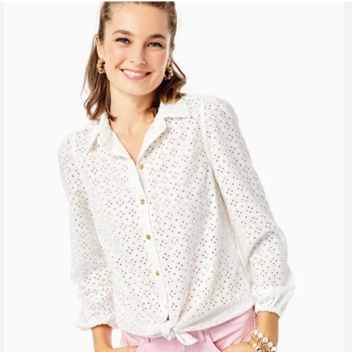 Lilly Pulitzer White Sea View Eyelet Gold Puff Sleeve Button Down Size XS