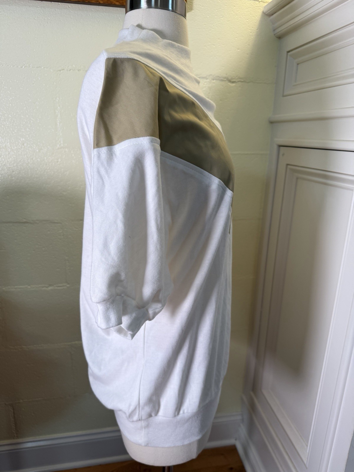 Vtg BonWorth Top Sz Medium White Tan Colorblock Mock Neck USA Made Retro 80s 90s