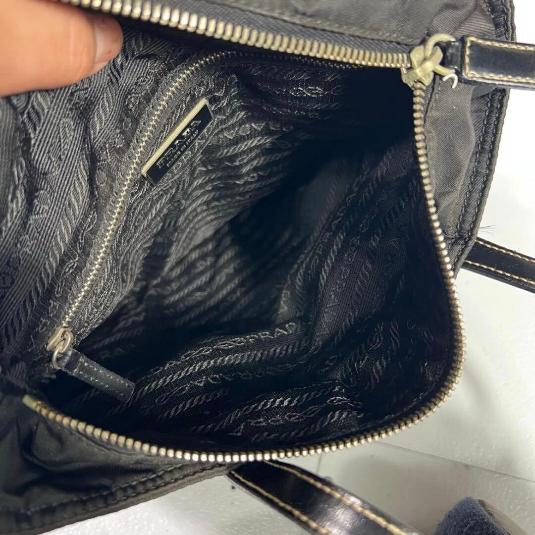 PRADA Black Nylon Leather Triangle Logo Tote Bag Handbag Unisex Silver Hardware