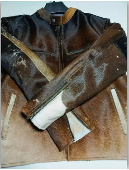 “Men’s Western Cowhide Leather Jacket with Real Hair-On Pony Skin Cow Print Coat