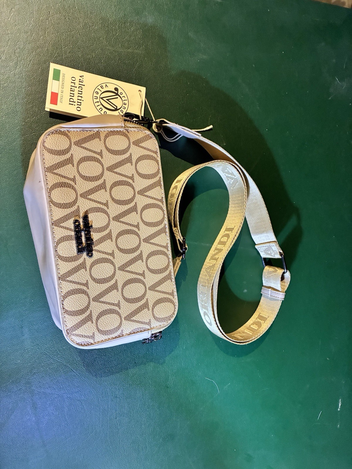 Valentino Orlandi Signature Monogram Duo Zip Crossbody Camera Bag (Beige/Taupe)