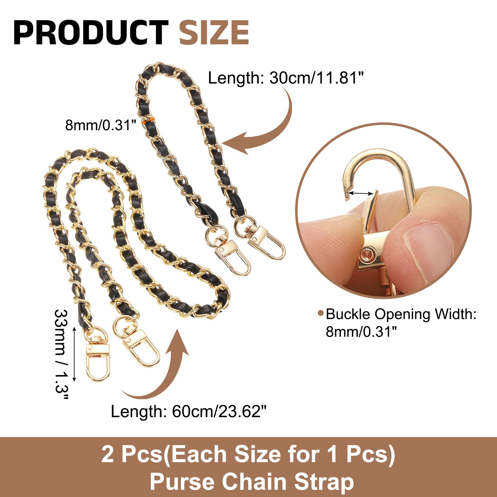 2Pcs 12″ & 24″ Purse Chain Strap with Buckle for Bags Black Gold