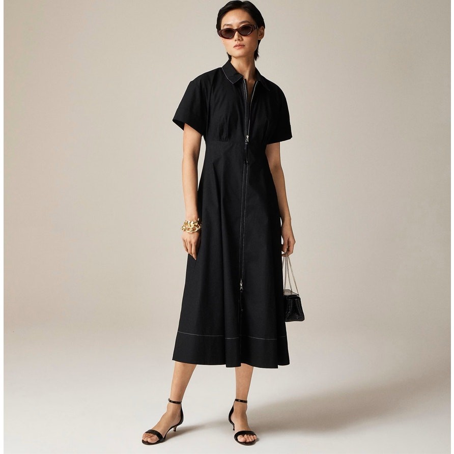 J.Crew Zip Up Shirtdress Womens 6 Black Midi Short Sleeve A-Lined Cotton Poplin