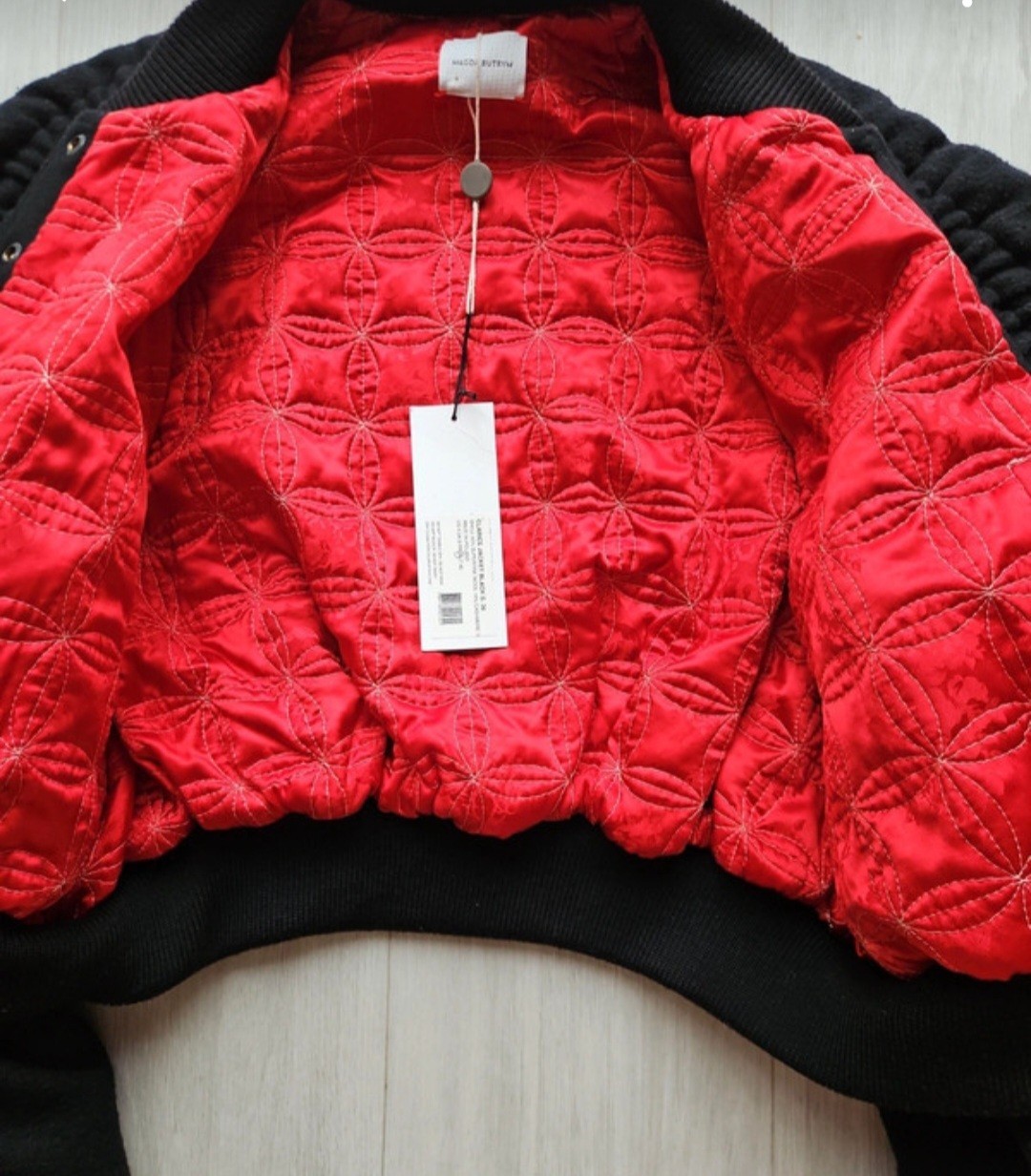 Magda Butrym Clarice Ruched Black Bomber Jacket. 90% Superfine Wool,10% Cashmere