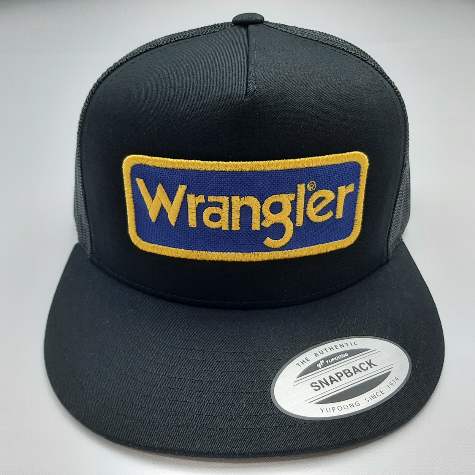 Wrangler Embroidered Patch Flat Bill Trucker Mesh Snapback Cap Black