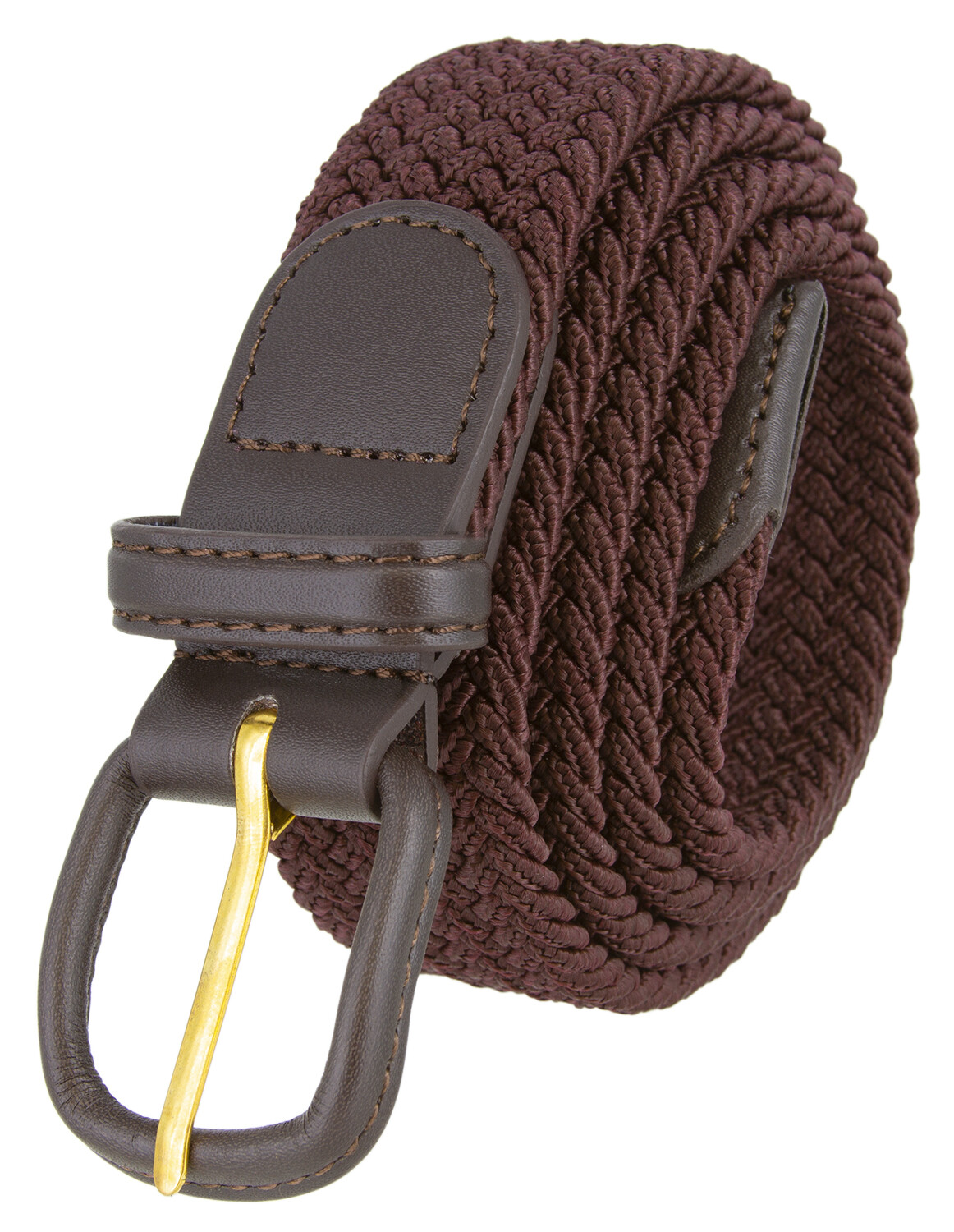 Brown Leather Covered Buckle Woven Elastic Stretch Belt 1-1/4″ Wide
