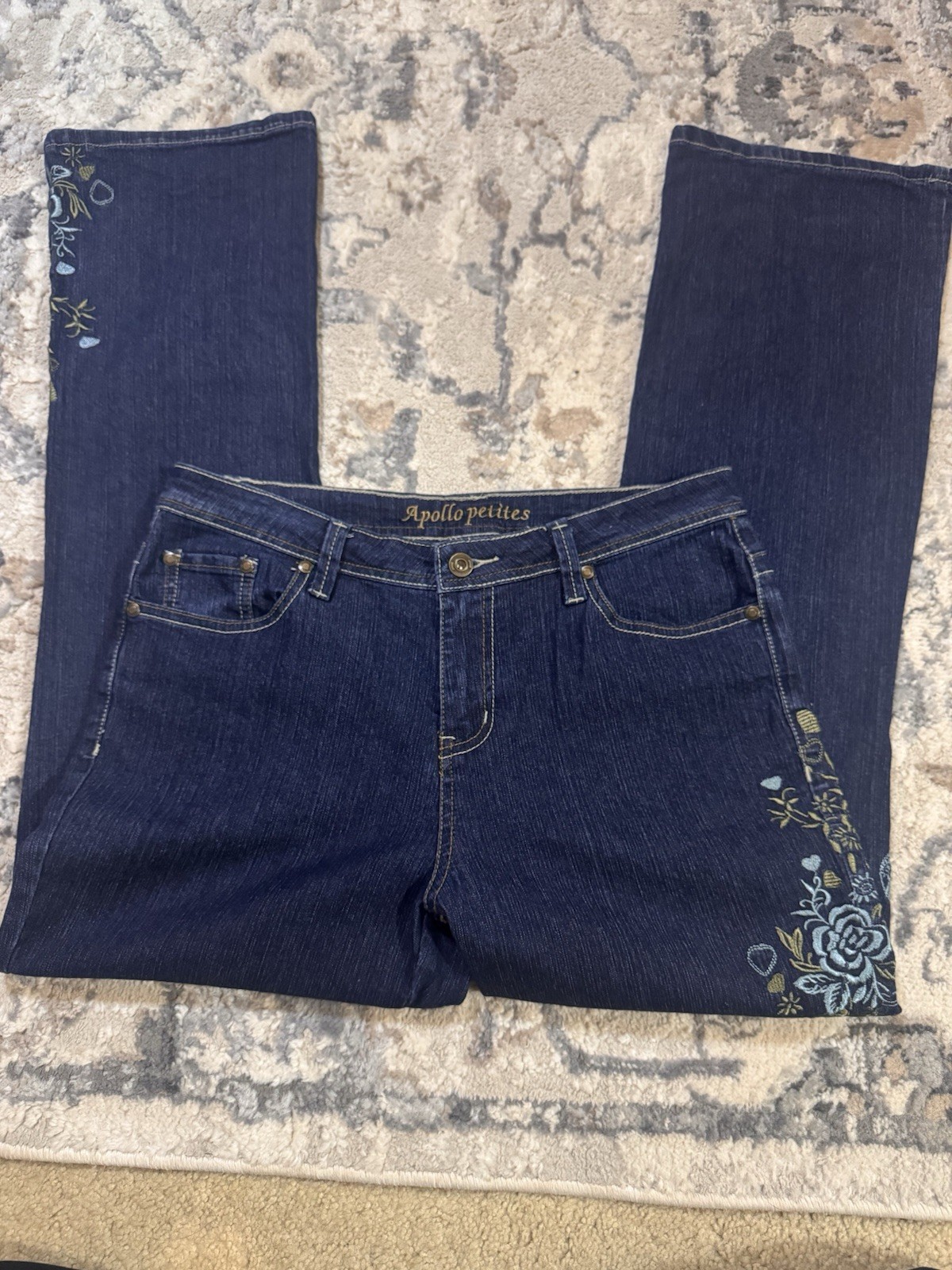Apollo Petites Women’s Dark Wash Blue Bootcut Jeans Floral Embroidered 8