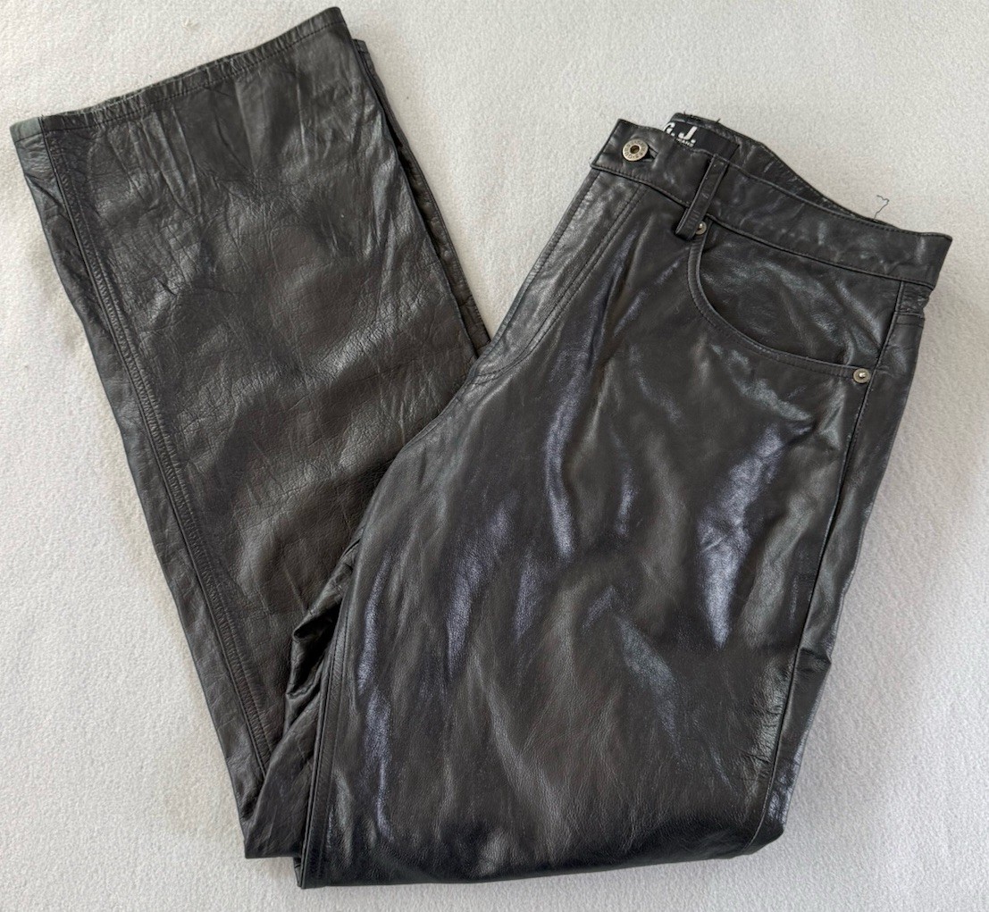 Vintage Guess GJ Leather Pants Mens 36×31 Black Bootcut Y2K Moto Biker Rocker