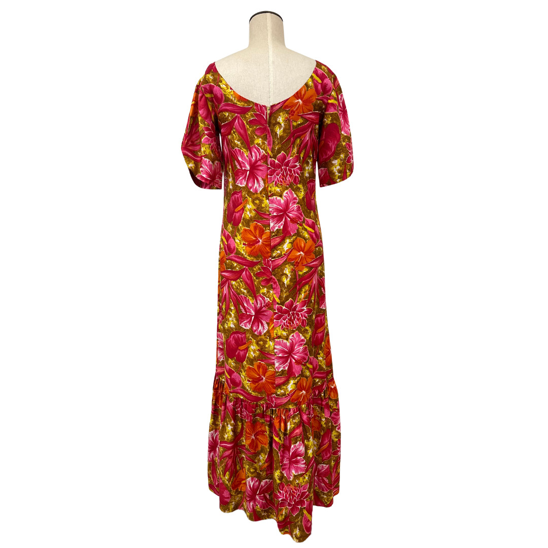 Vintage 1960s Handmade Pink & Orange Tropical Floral Trumpet Pake Muu Maxi Dress
