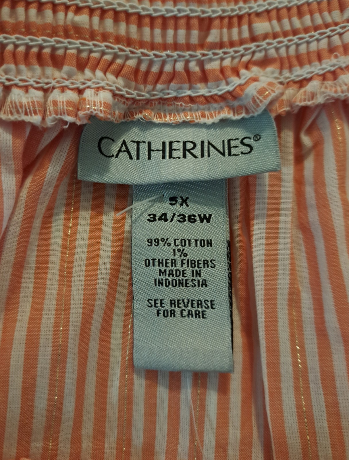Catherines Blouse Size 5X 34 36 W New Orange White Striped Elastic Neckline